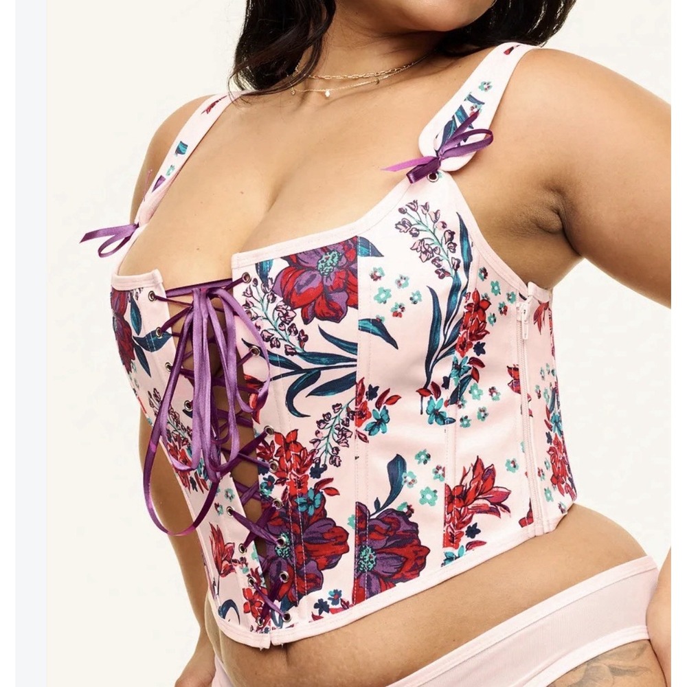 Womens Floral Corset Crop Top  Bustier Lace Up Pink Plus Size Sexy Boudoir 2X